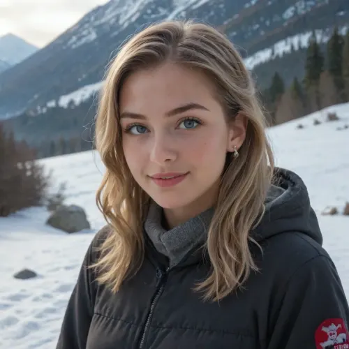 young woman in her early twenties, blonde, firm breasts, thick winter clothing, sexy Smile, stand in a snowy mountain landscape, complete view, Front of camera