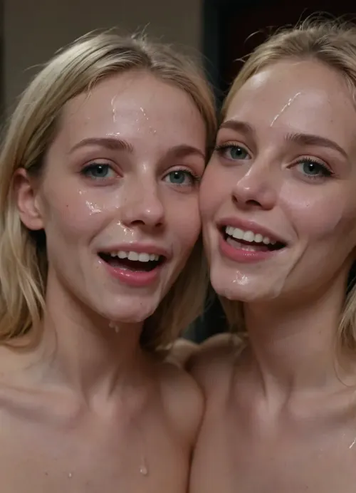 (Full body shot of Two skinny petite blonde dutch women, 30s, tall and bony, the most beautiful shy long narrow face, tall slim nose, small mouth), penis, they are smiling, long shot, rounded small breasts, beautiful perky tits, they are looking at the camera, looking at viewer, 8k resolution, hyper realistic, well drawn face, ((thick white cum on face, cum in hair, cum dripping from mouth, cum flowing from chin)), 8k, photorealistic, intricately detailed face, masterpiece, best quality photos resolution, woman, cum, on, face, <lora:JustCum:1.7>