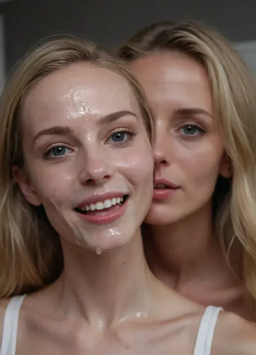 ((Full body shot of Two skinny petite blonde dutch women, 30s, tall and bony, beautiful long narrow face, tall slim nose, small mouth, shy and horny)), they are smiling, long shot, rounded small breasts, beautiful perky tits, they are looking at the camera, looking at viewer, 8k resolution, hyper realistic, well drawn face, ((thick white cum on face, cum in hair, cum dripping from mouth, cum flowing from chin, thick blob of cum on forehead)), 8k, photorealistic, intricately detailed face, masterpiece, best quality photos resolution, woman, cum, on, face, facialized, superfacialized, <lora:JustCum:1.2>, <lora:facialized:1.9>