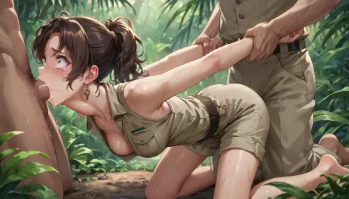 anime, single college woman with brown hair in a ponytail and wearing a khaki safari outfit, slim build, medium breasts, kneeling, hands behind back, (face fuck, deep throat), in the jungle, scared, tears