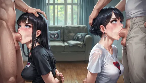 best quality, clean art, (2girls, 2men), goth college students with black hair, medium breasts, t-shirt and miniskirts, hands bound behind back, (back to back, face fuck, deep throat), living room, fucked by old men, humiliated, tears