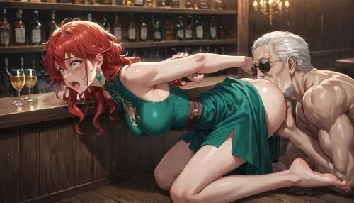 anime, 25 year old woman with long red hair, medium breasts, short green dress, kneeling, hands behind back, (anilingus), in a bar, fucked by a muscular man, scared, tears
