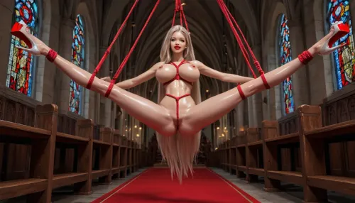 in a Church, (platinum blonde hair), (((legs spread wide, body naked, suspended with ropes, hanging on ankles, inverted suspension DP))), highlightale skin, (detail pink high platform High Heels), perky large breasts, (no areolas:1.1), (stretched x-shape), (detail very narrow waist), looking at viewer, (glossy red lipstick:1.2), long platinum blonde hair, (fake silicon breasts:1.4), (Fake breasts:1.5), nipples protrude, (fit lean body:1.2), (small round fit ass:1.2), (skinny:1.4), oiled glossy skin, (super long legs:1.1), (Tall:1.3), wasp waist, ultra waist, lean ass, (sexy platform shoes:1.2), very high heels, pumps, shaved pussy, full view, (hyper gigantic long legs and arms:1.1), (very skinny:1.1), (happy), giga_busty, <lora:add-detail-xl:1.2>, <lora:a564d191f172bbc79c858b9d6ec6c50f:2>