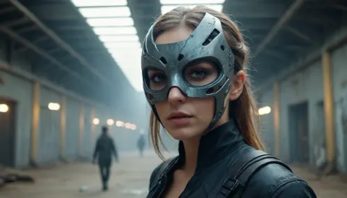 a single woman with a futuristic mask, inside a big hall, apocalyptic outdoor, <lora:Dhevv-UpperbodyHead:.8>