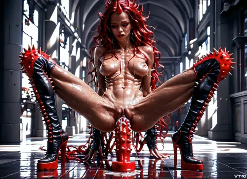 ((18yo gorgeous sexy woman, skinny, only one dildo, long legs, tall, ribs, (((big firm bolted-on tits))), ((perky nipples)), (black high heel boots, overknees), ((she inserted a giant red spiked dildo, deep insertion, sweating, beautiful detailed face)), very long hair down to the floor, red wavy hair, ((in a wounderful bar)), (she has been cummed on, cum on face, cum on pussy)))