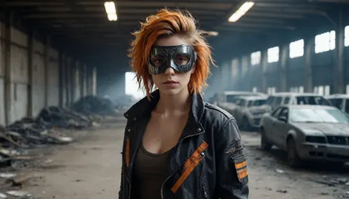 a single woman with a futuristic mask over her eyes, shiny mask, inside a big hall, a burned car is behind the woman, apocalyptic outdoor, black futuristic jacket with orange strips, messy hair, <lora:Dhevv-UpperbodyHead:.8>