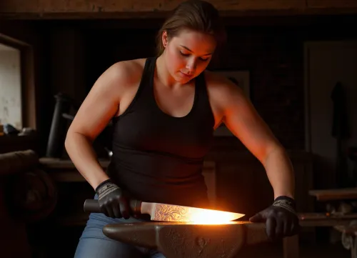Photography
Cinematic photography {A large, muscular Russian woman—a blacksmith wearing work gloves—is shown full-length, forging, (a knife with a mystical bright pattern made of Damascus steel), on a red-hot anvil, the forging process, the dynamics of the work process}. 35mm photography, film, bokeh, professional, 4k, high detail, cinematic format, shallow depth of field, film grain, high budget, epic, mood, <lora:FF-Knives-XL-Cr2-v0163:.8>
