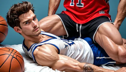 3 male athletic basketball players are sat on the edge of a bed in their sports kit, their muscular legs are manspreading and you can see the outline of their hard cocks through their shorts. They're all looking at the camera with a dominant expression, ready to fuck you.
