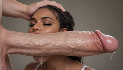 Melkor Mancin art, Head shot, (circa 1940's mature african woman), fat lips, ((trying to push the extreme massive cock head in her mouth:1.5), hands grabbing her head, (gigantic extreme long broad cock:1.3), (cock head fits half in her mouth:1.4), (jaw open wide:1.3), (excessive Drooling:1.4), (eyes closed hard:1.4), smeared make up, (panic expression:1.3), close up of her mouth sucking gigantic broad monster cock)