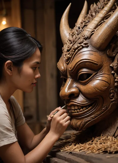 (High Quality:1.4), (Ultra-Detailed:1.6), (Masterpiece:1.3), (Side View), . An Indonesian woman carves the final details of an extremely detailed Balinese demon mask from wood with a sharp chisel in her dimly lit workshop, some shavings from the carving. The intricate wood grain is visible, showcasing her skillful work and the fine details of the carving. The Balinese demon mask exudes a mysterious atmosphere. Dramatic lighting and cinematic color grading. The scene is rendered in 8K resolution, with full focus and sharpness, capturing every detail. No noise., <lora:leapfusion_v2:1.2>, <lora:secret sauce B3:1.5>