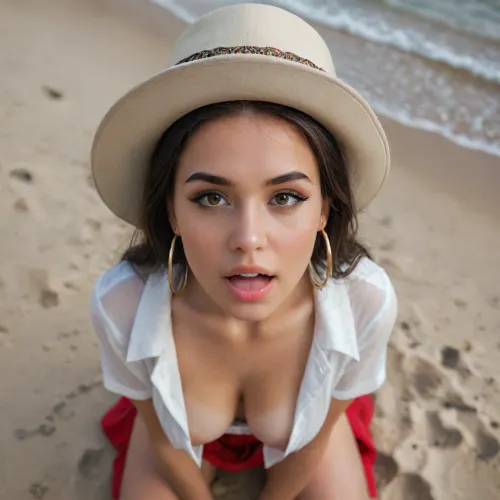 beautiful sexy athletic spanish woman, 21 year old, flirty, dark hair, posing in sexy outfit, tits out, very large white shirt unbuttoned, dark makeup, light brown eyes, very long hair, on a beach, torpedo tits, evening light, sleazy, sultry expression, thin eyes, straight hair, flashing tits, oversized shirt, hair to her knees, dark red summer skirt, kneeling, fully tanned skin, (mouth open:1.3), lustful, (from above), looking up, hard nipples, bronze eyeshadow, eyeliner, elegant lady hat, high-angle view, pussy, confident, arrogant, perfect face, model face, smiling, brown eyes, perfecteyes, <lora:PerfectEyesXL:.8>, supermodel face, <lora:Beautify-Supermodel-SDXL:.8>, <lora:SDXLHighDetail_v6-000005:.8>, huge tits, holding her boobs, epic detail, professional photography, perfect light, sundown, deep shadows, large hoop earrings