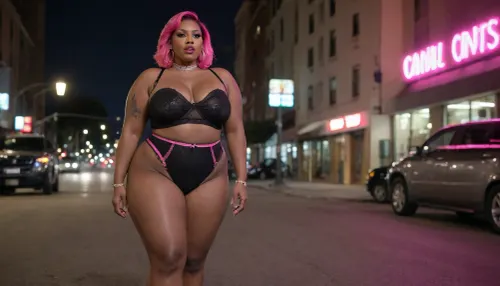 black ssbbw bbw hooker prostitute pink hair pink neon see through body suit pink high heels hoop earrings gold Oakland outside streets nighttime the blade