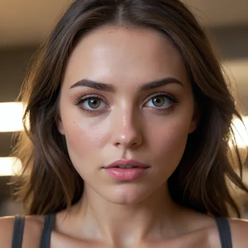 (extreme close-up:1.2), (sharp focus on face and eyes:1.5), masterpiece, a stunning realistic young woman, shoulder-length voluminous wavy dark brunette hair, soft brown eyes with detailed irises, defined eyebrows, slight alluring smile, (visible skin pores and realistic skin texture:1.3), medium bust, wearing tight high-waisted charcoal leggings and matching sports top, bending over slightly toward camera, dark dorm room setting, ultimate realism, poor lighting, at night, dark, supermodel face, big lips, xbmyr, cinematic lighting, volumetric fog, atmospheric smoke, photorealistic, 8k UHD, highly detailed texture, shot on 35mm lens, f/2.8, depth of field, macro photography details, lora, (Beautify-Supermodel-SDXL:.8), (Detailed-Skin-SDXL:.9), (FilmGrain-Realism:.4)