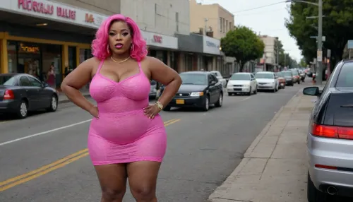 black ssbbw bbw hooker prostitute pink hair pink neon see through neon yellow mesh webbing dress pink high heels hoop earrings gold Oakland outside streets daytime fruitvale soliciting cars the blade