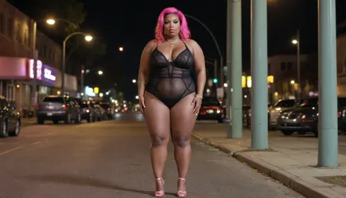 black ssbbw bbw hooker prostitute pink hair pink neon see through body suit pink high heels hoop earrings gold Oakland outside streets nighttime the blade