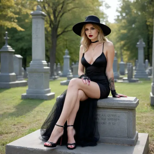 photo from afar of a dark cemetery lighthe from torches, full body hairy pussy view, perfect very long legs, 66 yo. elegant noble lady, very straight dark balayaged blond hair, wrinkled deanna troy, diamong necklace, diamond earrings, belly gold chain, sitting one leg apart on abonnet of a grave gravestone, under a long black wedding dress she is naked and show it, black large brimmed hat, black transparent detailed wedding dress, black hat, black wedding dress, black veil, long gloves, night satanic ritual, she has natural hairy pussy, wrinkled deanna troy face show her pussy, ugly face, sex hungry, dark lipstick spreaded legs, snake tattoo on the arch of one feet, anklet, legs on bonnet, outdoors, wrinkles on her neck, her wrinkles on face, she gently moves to one side dress to show hairy pussy, high heels