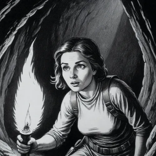 Close-up of a female caver exploring a cave, wearing a climbing harness and caving suit, holding a lit torch. Ink drawing, pen and ink technique, with cross-hatching and line work. The dynamic movement of the woman and the torch flame in a dark, rocky cave are detailed and illuminated solely by the torchlight, creating cross-hatching to add volume. Drawn using line drawing and cross-hatching techniques to create volume, depth, and shadows, and to define the caver, in her harness and caving suit, exploring the cave. The detailed rock walls and cross-hatching create shading and volume, adding depth and highlighting the torchlight. Drawn on textured patchwork paper. Fine lines and shading are visible throughout the drawing. Pen and ink style. Fine marine ink, fine pen and ink lines, surgical precision strokes in the fine details and firmness in the details of the thicker lines. Creative and precise pen shading, ink drawing. 02-line-art-v, 2, .1>p ²Q, .., vntg, line art, <lora:SDXL_Inkdrawing_v1:1.1>, <lora:vntg-line-art-v2:.8>, Fresh and creative pencil strokes, <lora:Fresh Ideas@Pen and ink drawings_SDXL:.8>