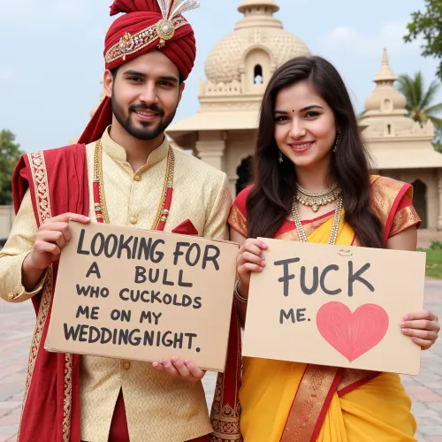 photo of a Indian couple, bride and groom, on their wedding day in front of a temple, smiling. The groom holds a handmade sign with text, "LOOKING FOR A BULL WHO CUCKOLDS ME ON MY WEDDINGNIGHT". The bride holds a handmade sign with text, "FUCK ME" and a red painted heart.