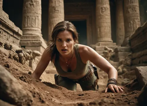 Photo, 35mm, low light, Laura Croft slides down the side of a buried temple as zombies chase her.