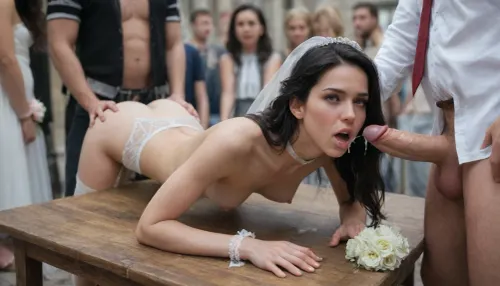 (Yennefer), college woman, (young woman:1.7), (youthful face:1.3), (petite:1.3), short, slim, slender, (tiny breasts), at wedding party, conservative white wedding dress, garter belt and sheer white stockings, (hands restrained:1.3), wedding bouquet, surprised, open mouth, (bend over table), (anal fucked by dirty older men), spitroasted, a cock in ass, a cock in mouth, loads of cum, deepthroat, (face overflowing with cum:1.7), huge cock, (3rd person), anal sex, (doggy style anal sex), rough anal sex, very deep anal penetration, hard fucking, outdoors, wedding guests watching, crowd of men, late afternoon, (torn and ripped clothes:1.3), detailed face, detailed hair, detailed body, detailed skin, detailed breasts, detailed very tight shaved pussy, (High, Resolution), (More, Details), (8K), (gangbanged:1.5), (crying:1.3), tears, smeared makeup, exposed breaststroke, exposed pussy, show deep anal, man chained up wearing tuxedo in background, crawling, hands and knees, restrained