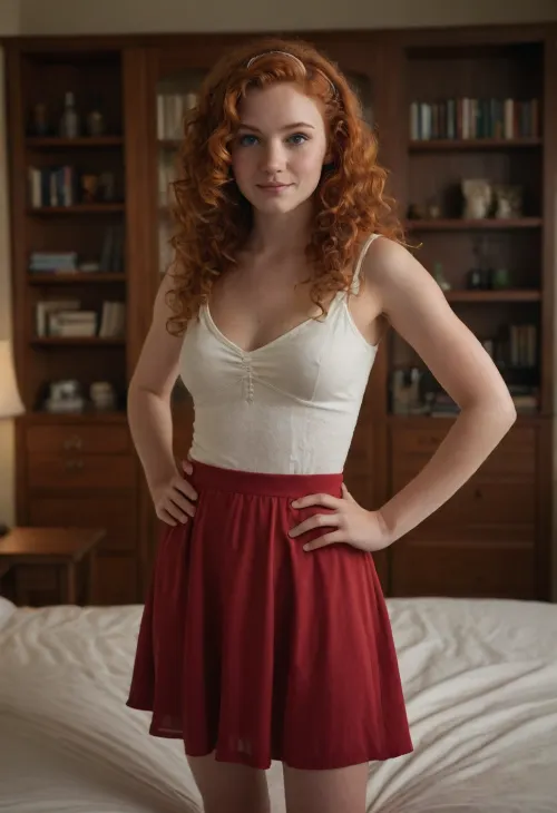 score_9, score_8_up, score_7_up, score_6_up, (masterpiece, best quality, high resolution, photorealistic, cinematic lighting), cowboy shot, focus on 1 woman, (adult), fully grown, mature, white skin, (standing and posing sassily with hands on hips), very cute, happy smiling face, (bright-red ginger hair), long hair, (very curly hair hair), hairband, skinny, short waist, petite, (wearing a loose flowing sundress), (her college dorm room), (shelves, bed, dresser, lamps, pillows, sheets)