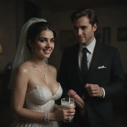 ((white cuckold husband in suit in the background is happy)), very large white penis, The happy chubby Persian bride in sexy wedding dress, cum driping bride's chain' cum driping from white penis, (woman laughs), . drinking sperm from transparent cup, (there is glossy and sticky and glossy sperm in cup), cup full of sperm, cum swallowing, ((gokkun)), cum dripping from the corners of her lips, The woman holds the cup under the cock, logo, text, sign, that, says, the, word, happy, <lora:dark:.5>, <lora:texta:1>, <lora:happy_v2:1>
