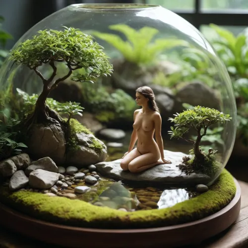 Photo of a terrarium, inside is a hyper-realistic scene of a sunbathing woman on a large flat rock by a river, around the terrarium is a bonsai garden, (miniature, woman), perfecteyes, <lora:Miniature_People_-_By_DICE-000006:1>, <lora:lora-sdxl-perfect-eyes:.8>