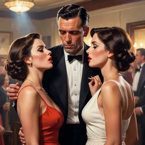 A Jack Vettriano style painting, of a man and woman, she is giving the man a blow job, they are at a party