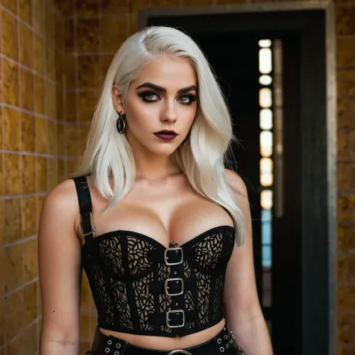 The image shows a young woman with long, straight, white hair styled with a subtle wave at the ends. She has dramatic heavy goth makeup featuring bold, heavy winged eyeliner, dark eyeshadow, defined eyebrows, and full extra long lashes. Her complexion is fair, and she has an annoyed expression.
Her outfit consists of a black lace and mesh corset-style crop top with structured cups revealing her big cleavage. The top features intricate lace patterns and subtle shiny accents, giving it a glamorous, edgy vibe. She pairs this with high-waisted black skirt, secured by a wide black belt with silver grommets and spikes and a large, rounded silver buckle. A small decorative silver chain hangs from the belt, adding an additional stylish detail.
She accessorizes with large hoop earrings and holds a smartphone in her hand with a colorful, comic-inspired phone case featuring bold designs and bright colors like red, yellow, green, and blue on a black background. The setting is a bathroom with beige and brown tiled walls. The picture shows the whole body. Fujifilm XT3, analog style, professional DSLR photograph, natural lighting, masterpiece, highest quality, RAW image, gothic, emo