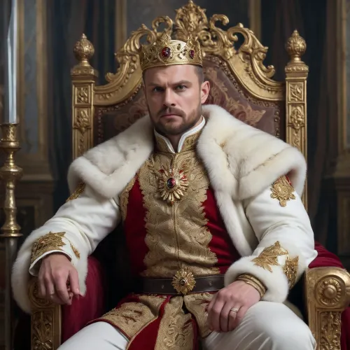 Russian Tsar, muscular body, royal clothing, sitting on a throne, sword in his left hand, scepter in his right, stern look, gloomy surroundings