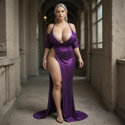 40 year old woman, wearing a purple satin dress, huge breasts, full body image