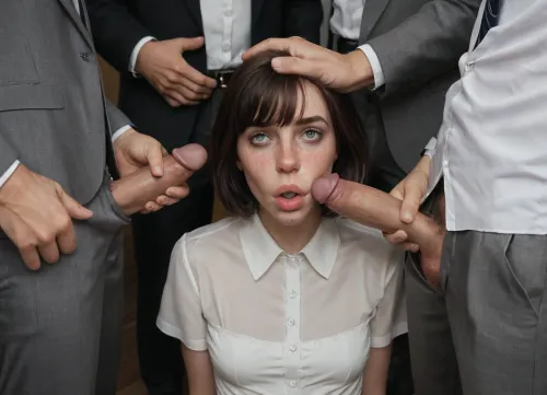(masterpiece, best quality, ultra detailed, photorealistic, highres, front view), office, ((a woman gets fucked in the mouth by five businessmen in suits)), blowjob, mouth fuck, gangbang, deepthroat, five cocks, fuck in mouth, ((pulled cheek:1.3)), (mature woman Anna 40 years old, (dark straight medium bob hair with bangs), (thin narrow triangular face, narrow long nose, feint small amount of freckles across nose, thin narrow lips, dark grey eyes, caucasian, no makeup), petite skinny body, (skinny:1.3), natural small flat sagging tits, no tattoos), (wearing white blouse, black skirt, black tights, heels), grab hair, grab head