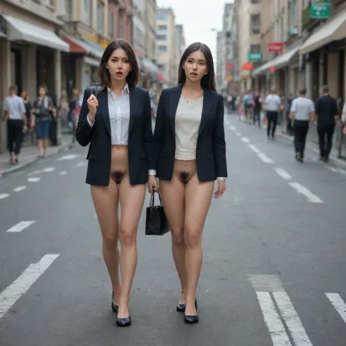 shocked, one Japanese office lady with black hair wearing white blouse and dark blue business jacket holding black handbag, bottomless, naked full hairy pussy, on the crowded street, walking upright, from head to knees, shocked men looking, skirtlift