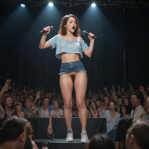bottomless Japanese idol, female, pop star, flashing full hairy bush pussy, singing on stage, standing with legs together, holding microphone, crowd looking at her