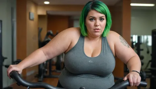 Latina fat bbw chubby huge belly and thighs smal tits pixie cut green hair sweaty gym peloton exercise bike soaked in sweat