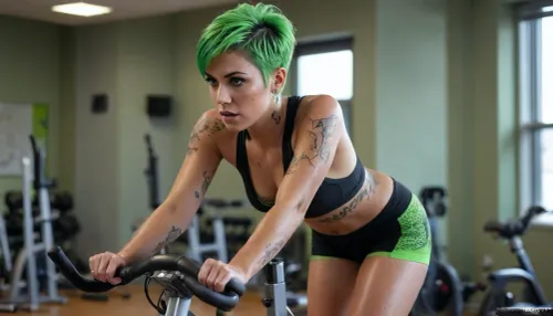 Latina short muscular ripped huge thighs small tits short pixie cut neon green hair sweaty gym peloton exercise bike soaked in sweat side view full body wet clothes pierced nose piercings tattoos big ass bbl