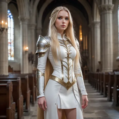 a very beautiful, tall and slender, sexy female elf cleric, wearing a white plate armor, very high heels, ((very long blonde hair)), she is prying in a medieval church, Long, hair, very_long_hair, l0ngha1r, <lora:Long_hair_LoRA_for_SDXL_v2:.8>