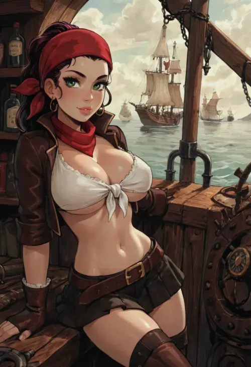 8k, score_9, score_8_up, score_7_up, Reiq feat Incase feat innv feat melkor mancin style, (beautiful female steampunk pirate), large firm breasts, cleavage underboob, midriff, short skirt, bandana, steampunk pirate setting, on a steampunk pirate ship, detailed green eyes, ratatatat74, cute, doodle, <lora:ratatatat74-000050:.8>, <lora:cutedoodle_XL-000012:.8>, <lora:NEOTOKIOXL_0.2_RC:.8>, <lora:outline_xl_kohaku_delta_spv5x:.8>