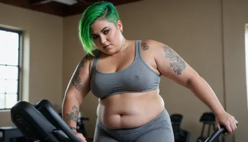 Latina fat bbw chubby huge belly and thighs small tits short pixie cut neon green hair sweaty gym peloton exercise bike soaked in sweat side view full body wet clothes pierced nose piercings tattoos