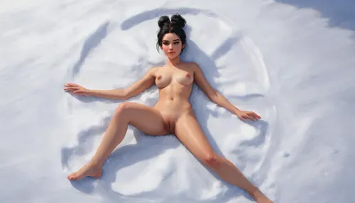 one woman, Skjorta, scandinavian, black short hair bun, 25 year old, laying naked on snowy ground and making snow angels, body covered in snow, top view from above, dynamic angle, artwork, digital painting, concept art, flat colors, loading screen art style, SamDoesArts, making, snow, agnel, <lora:SDXLSamDoesArts:1>, <lora:making_snow_angel_xl_v1:1>