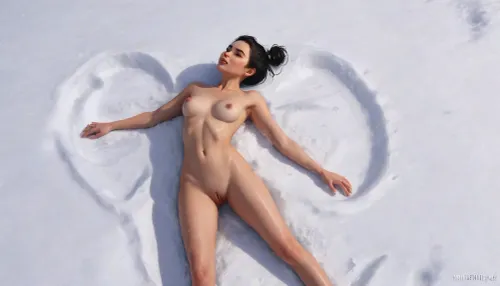 one woman, Skjorta, scandinavian, black short hair bun, 25 year old, laying naked on snowy ground and making snow angels, body covered in snow, frostnip skin, artwork, digital painting, concept art, flat colors, loading screen art style, SamDoesArts, making, snow, agnel, <lora:SDXLSamDoesArts:1>, <lora:making_snow_angel_xl_v1:1>