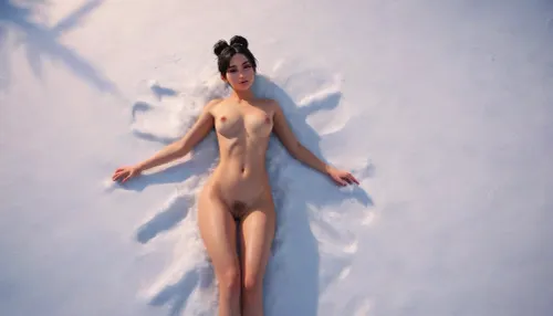 one woman, Skjorta, scandinavian, black short hair bun, 25 year old, laying naked on snowy ground and making snow angels, body covered in snow, close side view from above, dynamic angle from top, artwork, digital painting, concept art, flat colors, loading screen art style, SamDoesArts, making, snow, agnel, snowflakes, <lora:SDXLSamDoesArts:1>, <lora:making_snow_angel_xl_v1:1>, <lora:snowflakes_xl_v1:.2>