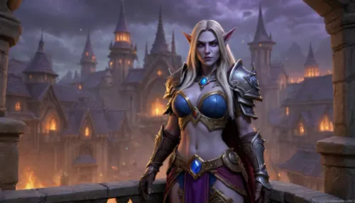Sylvanas from World of Warcraft，The background is the Stormwind City main city of World of Warcraft.
Sylvanas stood on the city wall of the main entrance of the World of Warcraft's Stormwind City. The camera angle captured Sylvanas from head to toe.