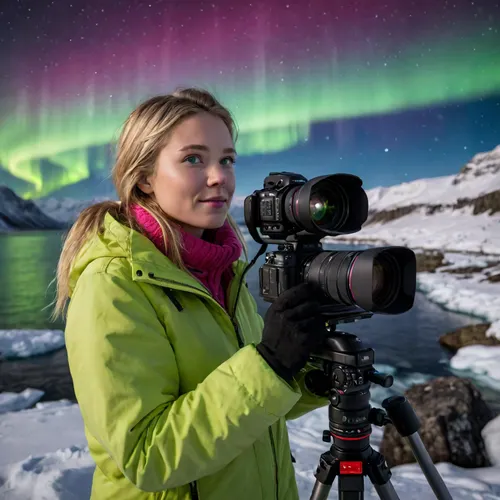 A cinematic perspective from a professional Norwegian photographer capturing the Northern Lights through the viewfinder of a Nikon Z9. Winter clothing with a high level of detail and realistic textures. In the background, a stunning and powerful aurora borealis in intense magenta and neon green, (solar maximum:1.4), projects a vibrant and ethereal glow. Icy, crystal-clear water. A realistic flash emanates from her lens. The aurora light reflects off her face, the snow, and the water. 8K resolution, cinematic atmosphere.