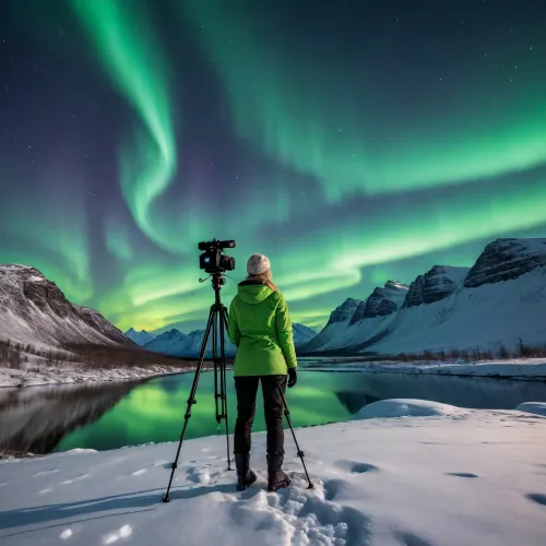 Night sky, northern lights, stars. The intense aurora borealis in shades of emerald green and cyan covers the night sky, illuminating a large hillside. Its reflections cascade down the slope, creating incredible lighting for a beautiful Norwegian woman. She stands, leaning towards a powerful camera mounted on a large tripod. The woman looks through the lens. High-quality image with details of the woman, the camera, real snow, the intense aurora borealis, and its reflection in the water. Maximum quality, ultra-detailed. 8k.