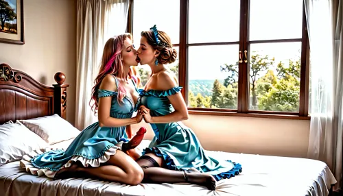 futanari adult couple, Full body photo of 2 very tall futanari kissing, open mouth, red lips, sex, handjob, passionate, sexual, intimate, in satin bed, light brunettes, ((hot pink and blue large frilly skirts)), (((loose fitting satin dresses))), ((skirt pulled up)), ((fingers erect penis)), (black stockings), natural lighting, perfect round breasts, (detailed skin, detailed penis, detailed face, detailed lips, detailed hair:1.1), summer, morning, sheer curtains, deciduous trees in window behind curtains, wallpaper, (high quality), (super detail), 8K, (highest quality), (best details), (perfect lighting), (best shadow), (best shot), (best lighting), cinematic lighting, (best shadow, best shaded shadows), 8k, masterpiece, (realism:1.1), (realistic:1.1), (hyper realistic:1.1), (ultra realistic:1.1), fair skin, ((high detailed skin)), high quality, detailed skin texture, (highly detailed hair), highly detailed body, insanely detailed, highest quality, <lora:SDXLHighDetail_v6-000005:.5>, fluxenh4nce, <lora:FLUXEnh4nce:.8>