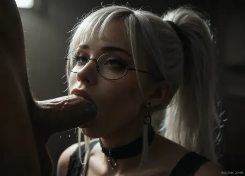 score_9, score_8_up, score_7_up, score_6_up, gothic, goth, asian gir, good anotomy, pale skin, dark black eyes, white hair, bangs hair, black eyeliner, (dark redlipstick), white skin, goth girl, eyes closed, (eye contact), look at viewer, 18 yo, long eyelashes, (black high ponytail hair:1.3), (locks of hair fall onto the eyes:1.5), voluminous hairstyle, black choker, big lips, cock deep in throat, sucking big cock, (deep throat:1.3), enormous huge cock, oral creampie, (cum in mouth:1.2), (cum in throat:1.2), gaging, (orgasm face:1.4), sexy expressive eyes, ((The man holds her hair with both hands:1.5)), round glasses, <lora:dark:.8>