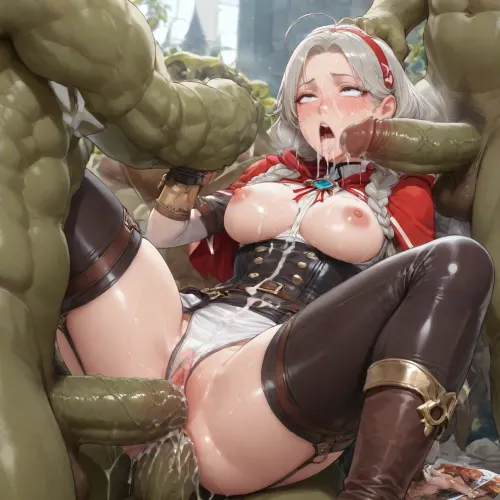 1girl ahoge bar_censor blue_eyes bondage_outfit boots braid breasts capelet censored colored_skin cum cum_in_pussy green_skin grey_hair hairband hetero hood hooded_capelet leather leather_boots long_hair low_twintails medium_breasts, ((5 huge monster orc males:1.6)), ((monster_orc_male)), nipples open_mouth parted_bangs penis anal red_capelet red_hood sex twin_braids twintails vaginal white_hairband, (double anal penetration:1.6), (cum on clothes:1.4), cum on, (Cum flows:1.5), (cum on body:1.4), cum on hair, bukkake, ((Clothes and body covered with semen)), (mouth wide open:1.2), (mouth filled with cum:1.5), beautiful face, (cum on hair:1.3), (wide eyes:1.2), (((one eye half closed:1.4))), ((rolling eyes:1.6)), (porn magazine cover:1.4), (anal spitroast:1.5), cum explosion from mouth, cum explosion from nose, wide eyes, throat bulge, puffy cheeks, thick cum, holding her head with both hands, hair grab, holding head, deepthroat, (((hyper large cock in mouth:1.3))), oral cream pie, screaming, shocked, tearful, deep anal penetration, (detail after deepthroat cock in open mouth cum from cock to mouth cum on face:1.4), <lora:Image Enhancer XL Extreme v1:.5>, <lora:dAIversityUnderstandingXLRealistic:.5>, <lora:PerfectEyesXL:.5>, <lora:JustCum:.5>, <lora:cum_in_eye_deepmind:.5>