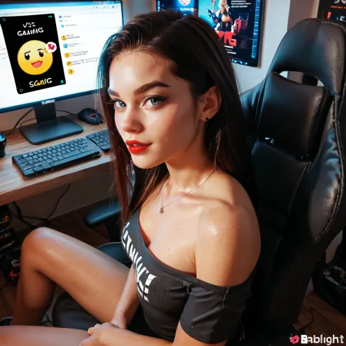 4k best quality, young woman, 18 y.o., skinny, red lipstick, tight clothes, breasts, Gaming computer with backlight, gaming chair with blacklight, headphones, stream, emoji, plays game, from above, close-up