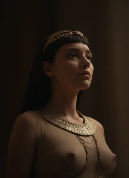 16 or under, 16 or younger, a girl in the style of Cleopatra in Egypt in 3500 B.C.. Full body, from 1/4 view, from below